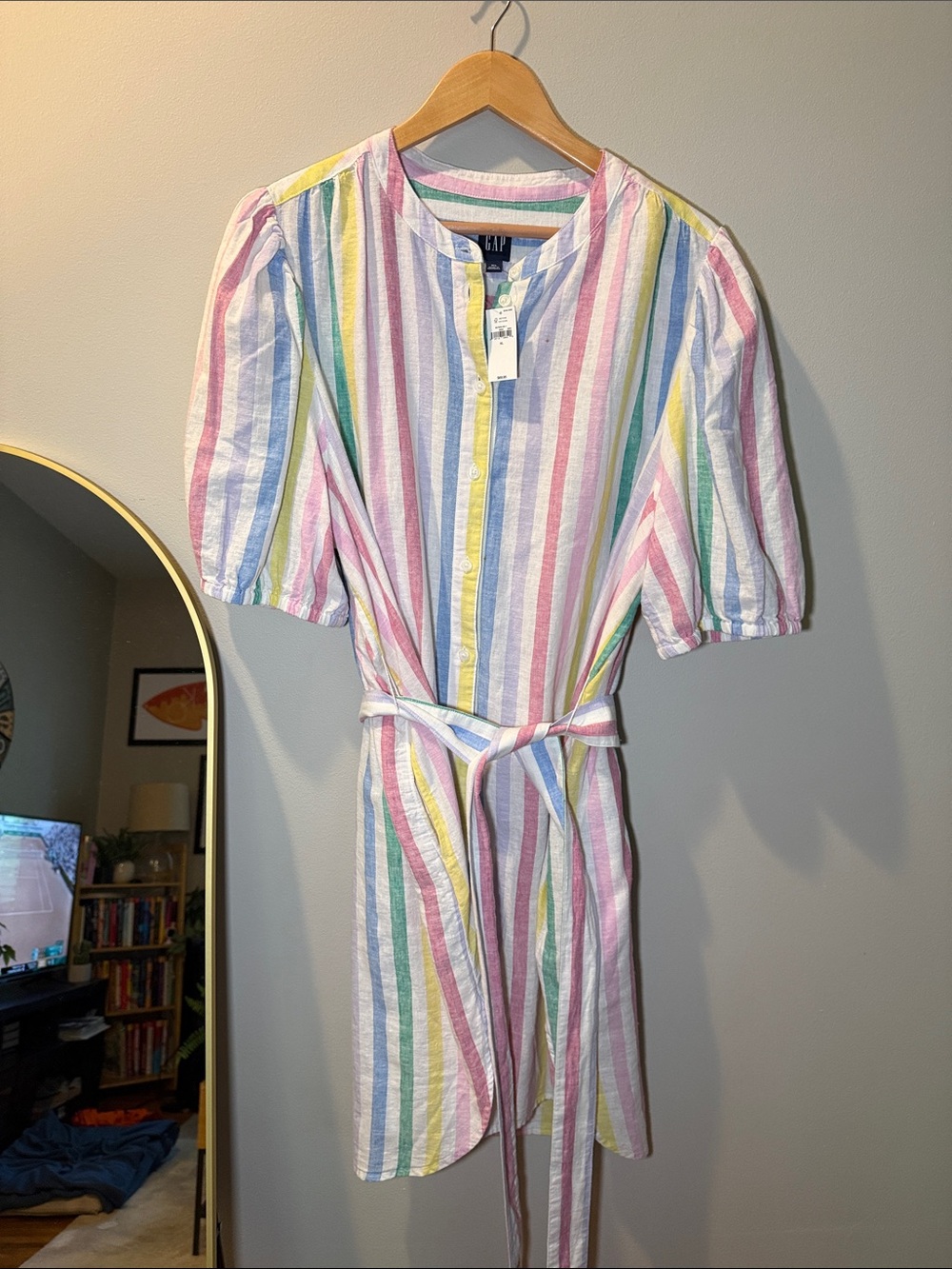 Gap Pastel Stripe Button-Up Shirt dress in Pink, Blue, Yellow, Green